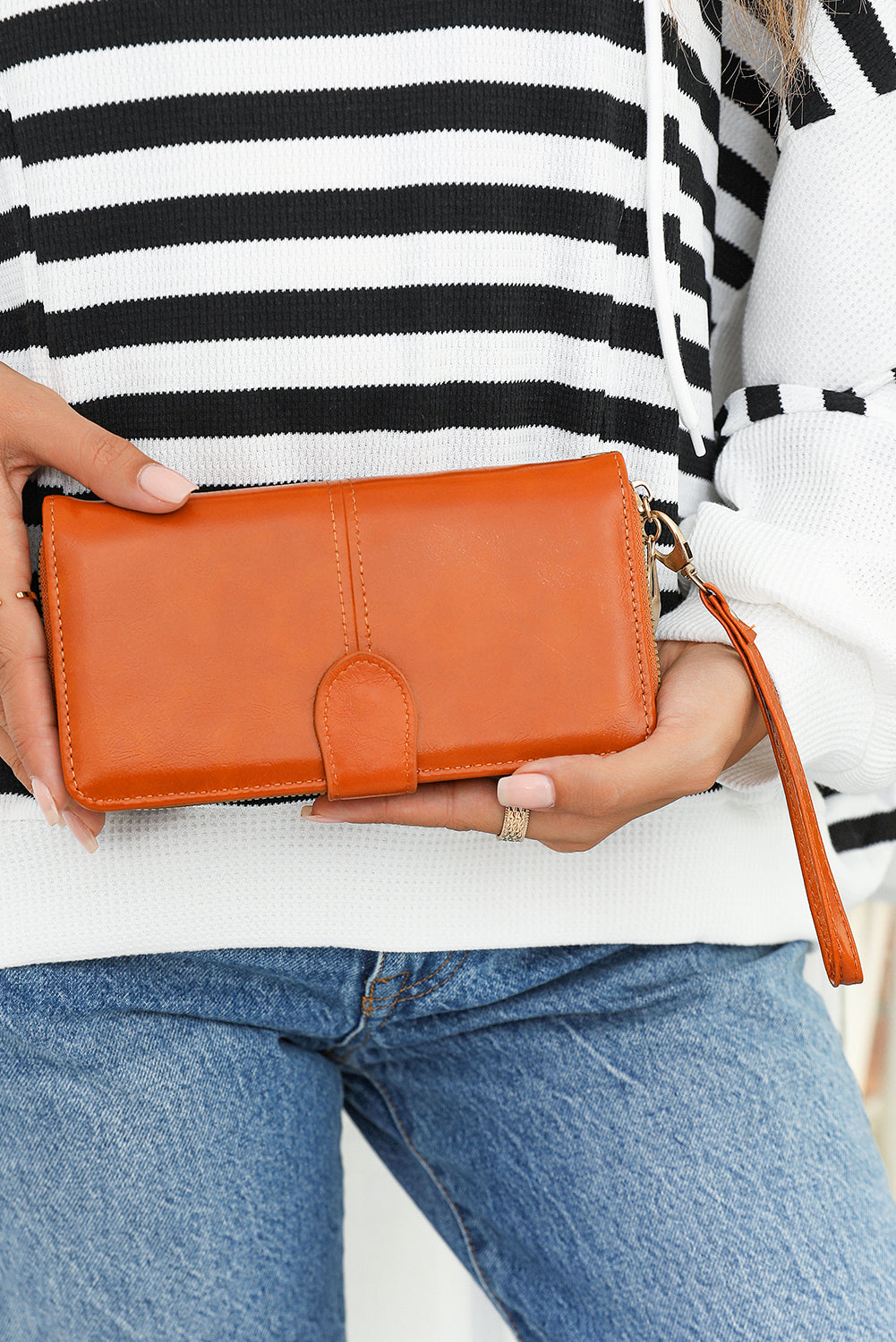 Faux Leather Zip Around Wrist Strap Long Wallet