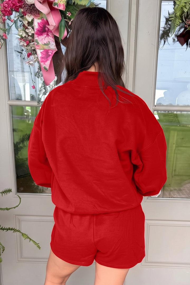Red Christian Slogan Print Mock Neck Pullover and Shorts Set