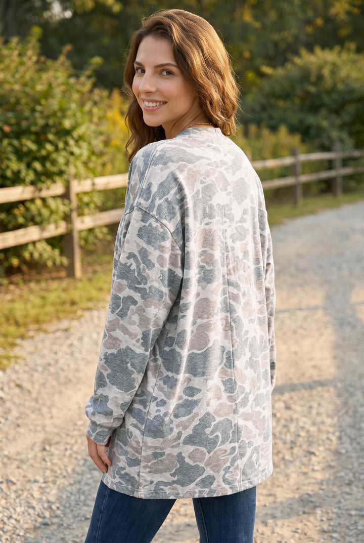 Camouflage Print Long Sleeve Open Front Tunic Cardigan
