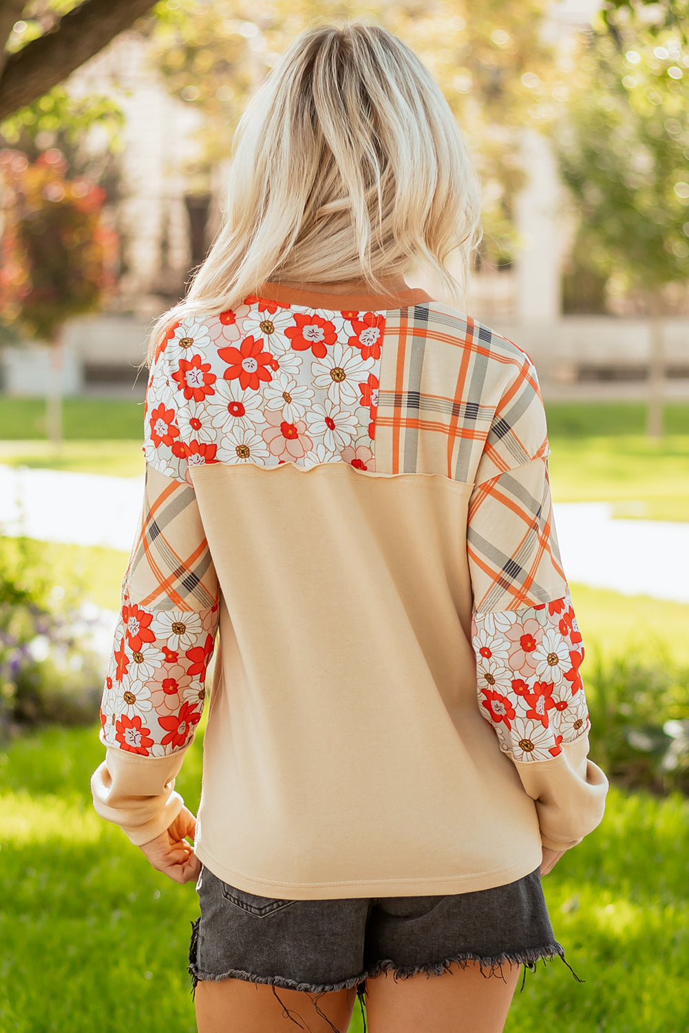 Floral Plaid Patchwork Casual Top