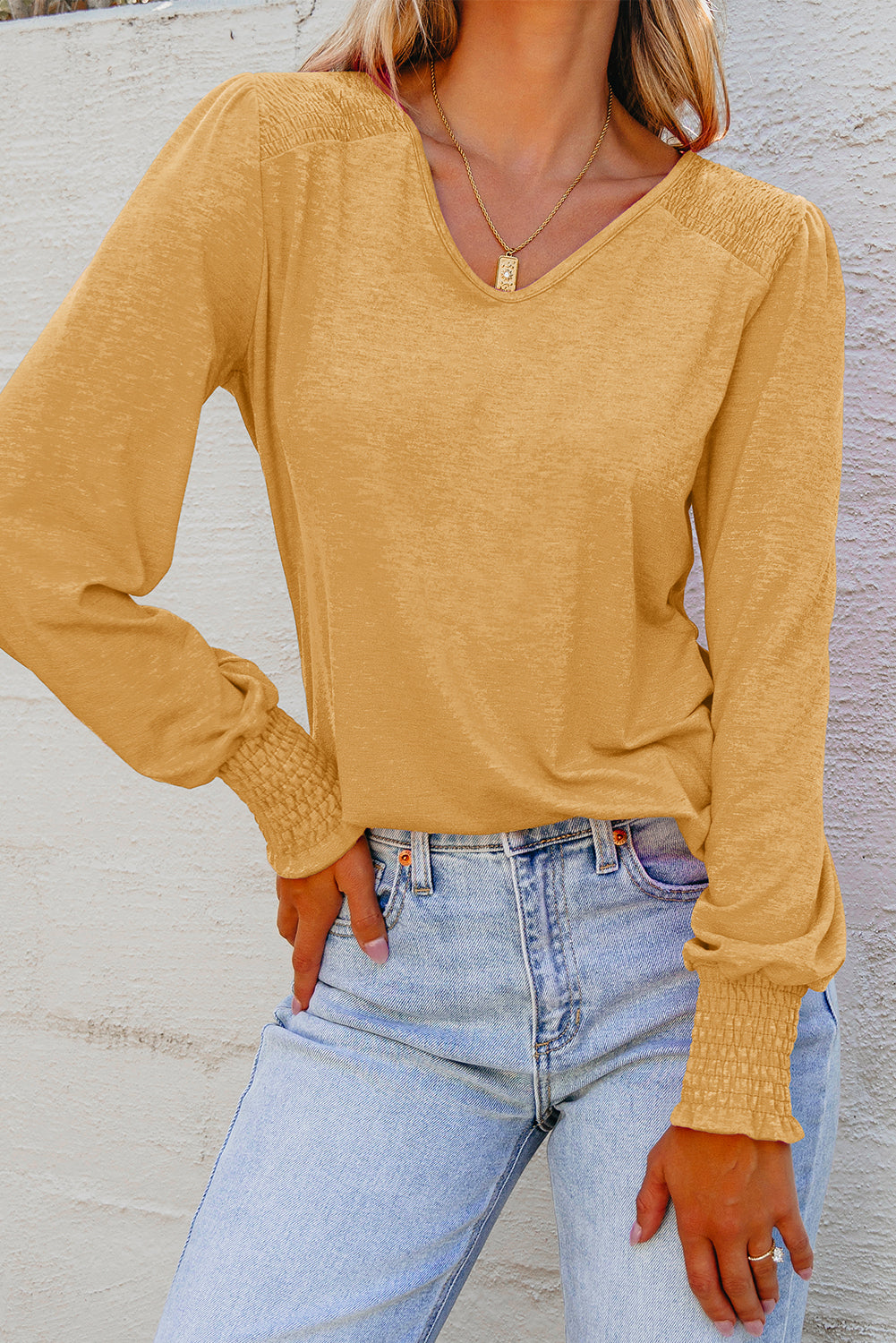 Shirred Shoulder Frilled Cuffs Long Sleeve Top