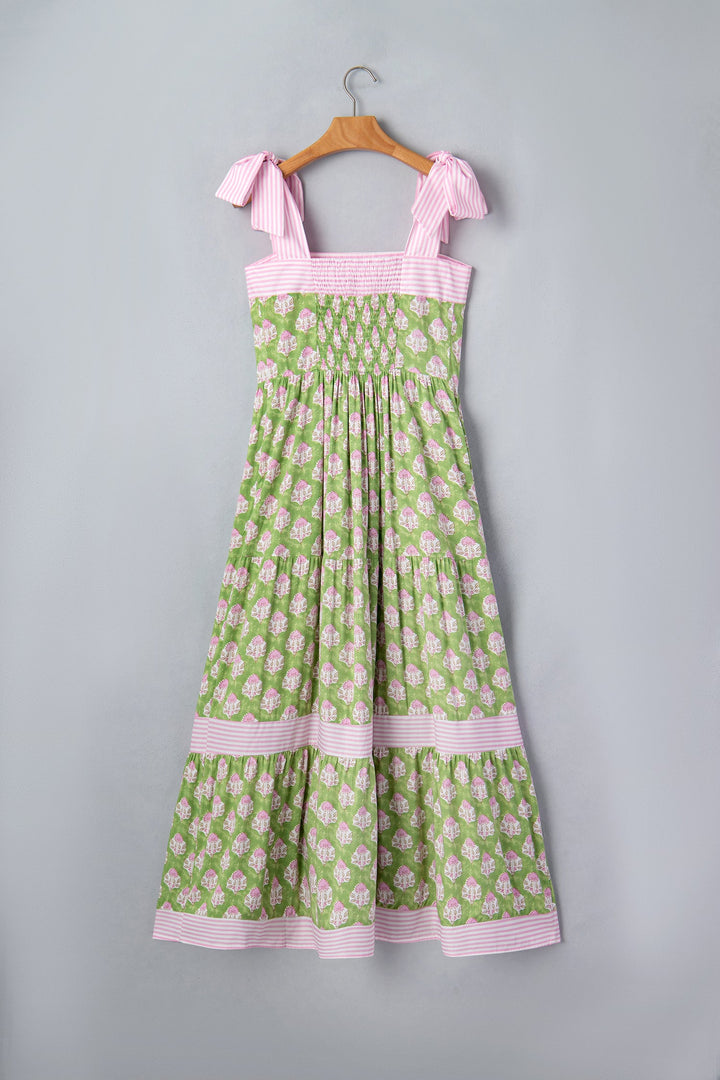 Green Floral Print Striped Detail Knot Straps Maxi Dress