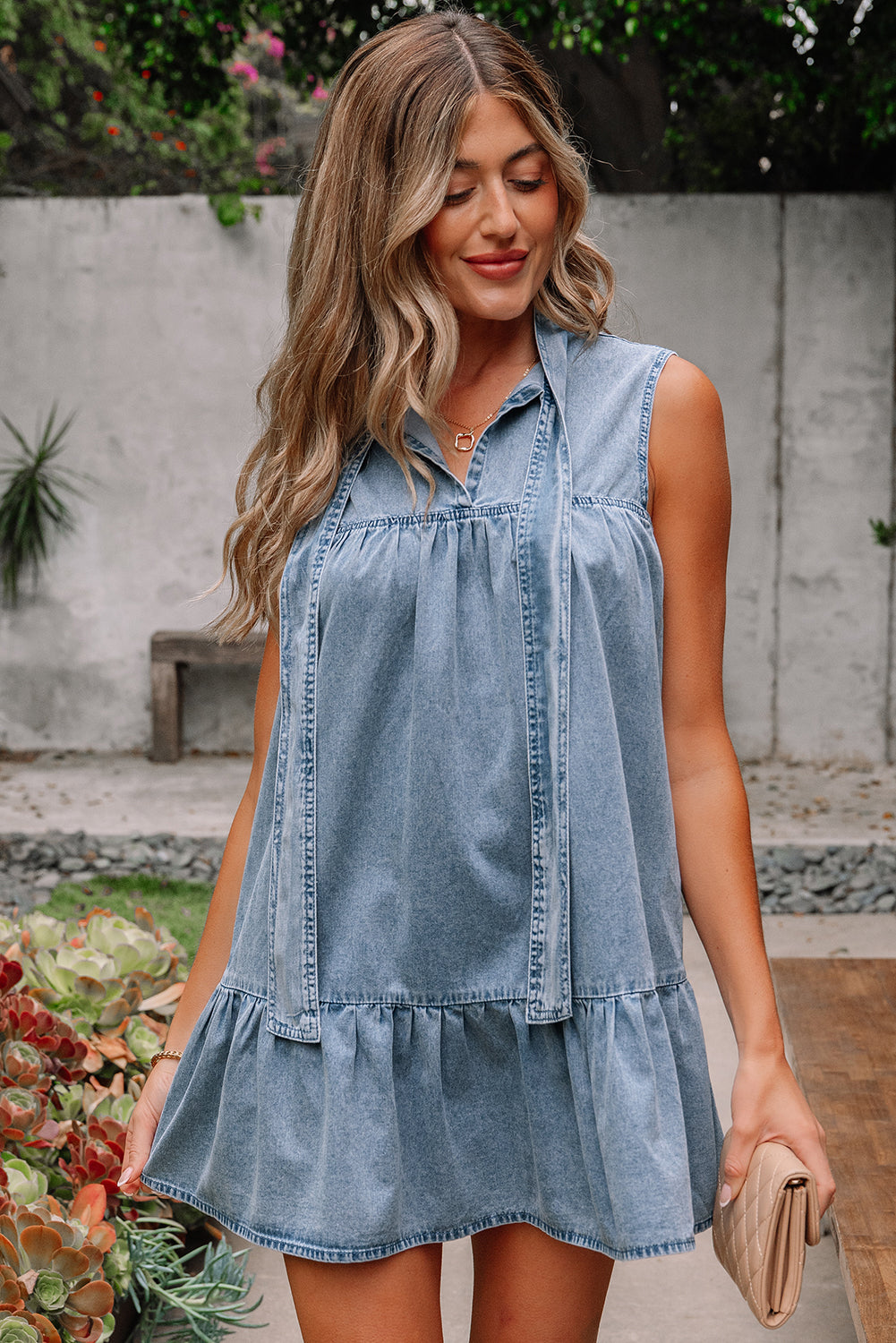 Bowknot Neck Sleeveless Ruffled Chambray Dress
