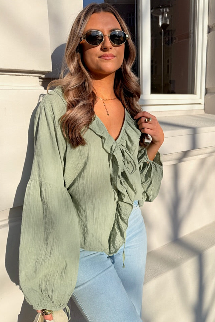 Bow Tie Front Ruffle Trim V Neck Long Sleeve Gauze Blouse