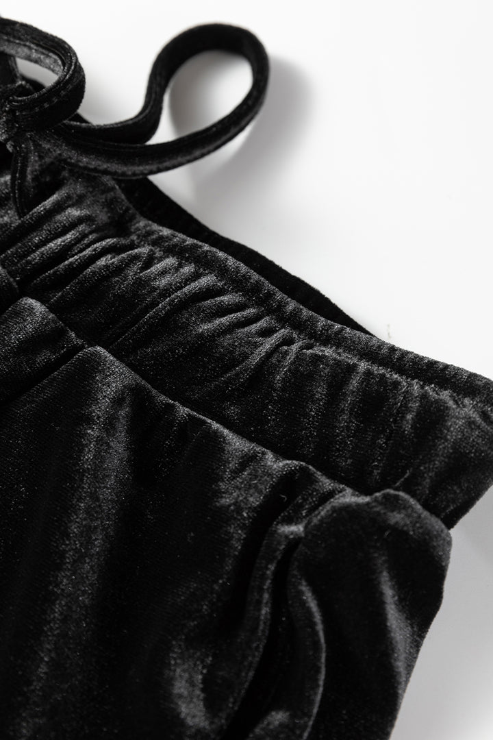 Black Shiny Velvet Drawstring High Waist Straight Leg Casual Pants