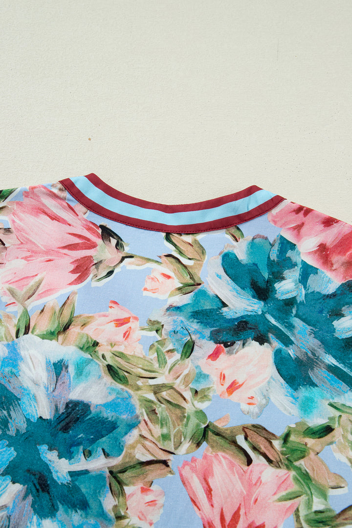 Contrast Trim V Neck Cuffed Bracelet Sleeve Floral Blouse