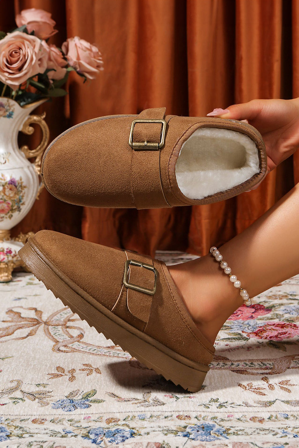Faux Suede Buckle Strap Detail Winter Clog Slippers