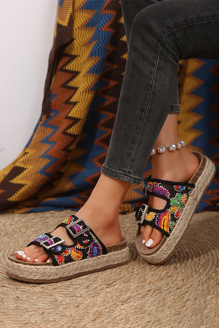 Paisley Print Double-Buckle Wedge Slippers