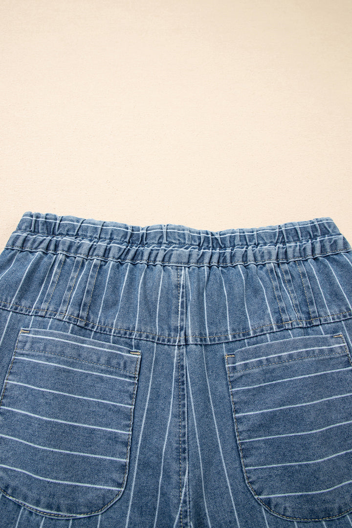 Sky Blue Stripe Button Pleated Drawstring Waist Casual Wide Leg Jeans