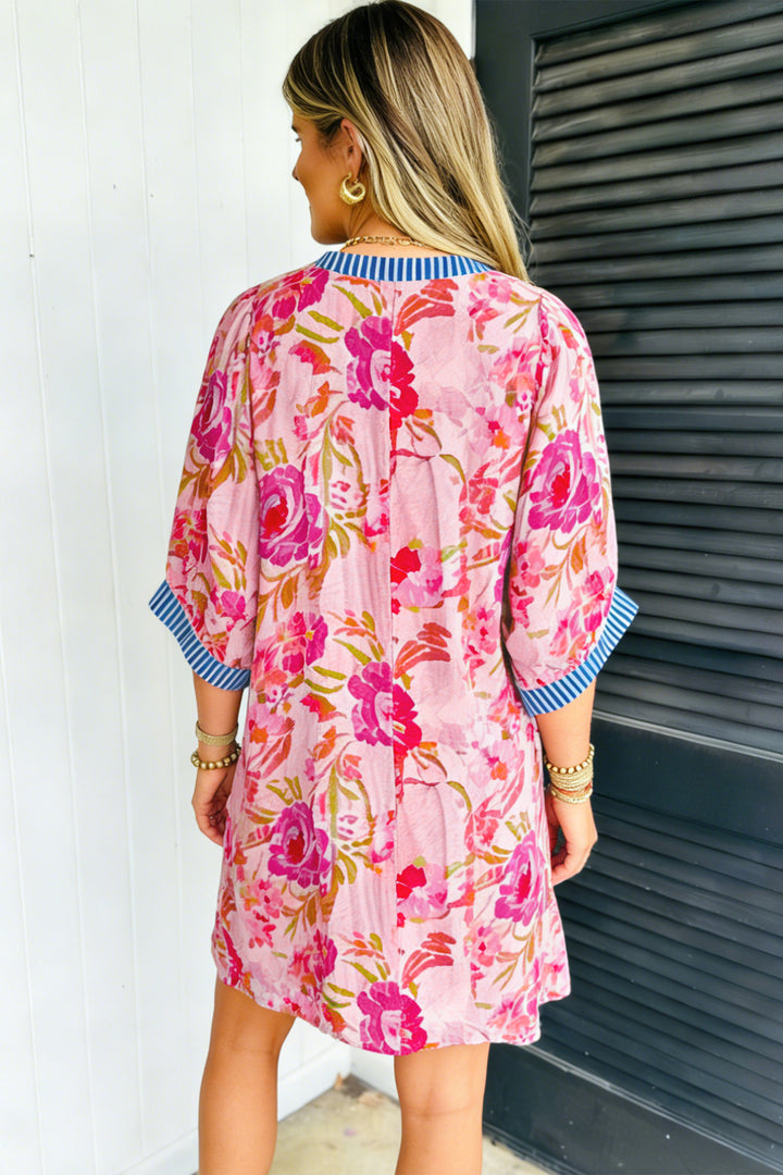 Multicolour Floral Striped Half Sleeve Mini Dress