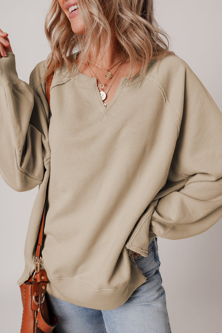 Raw Edge Exposed Seam Raglan Sleeve Side Slit Sweatshirt