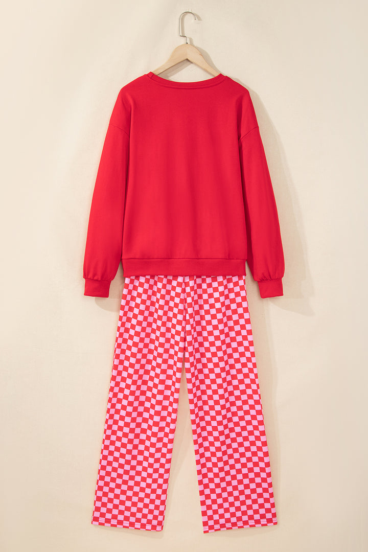 Red Christmas Slogan Graphic Plaid Contrast Two-piece Pant Set