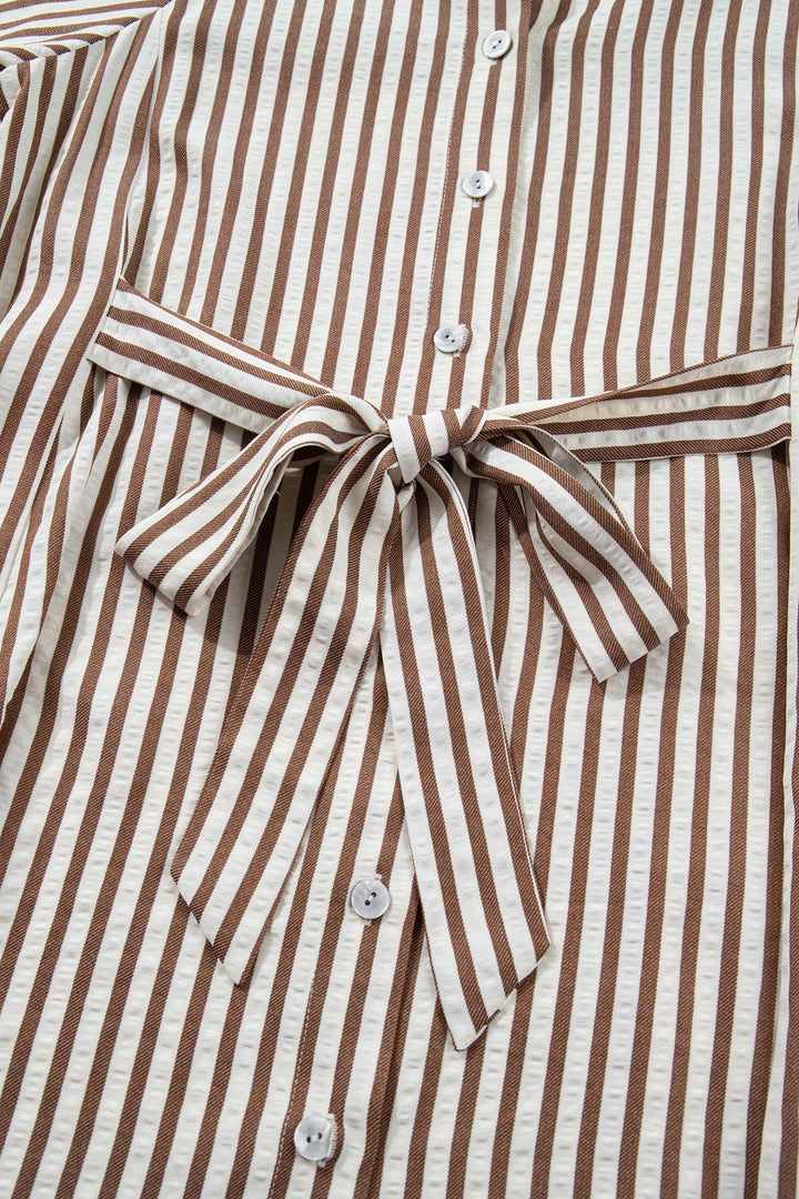 Knot Waist Puff Sleeve Button Down Mini Shirt Dress