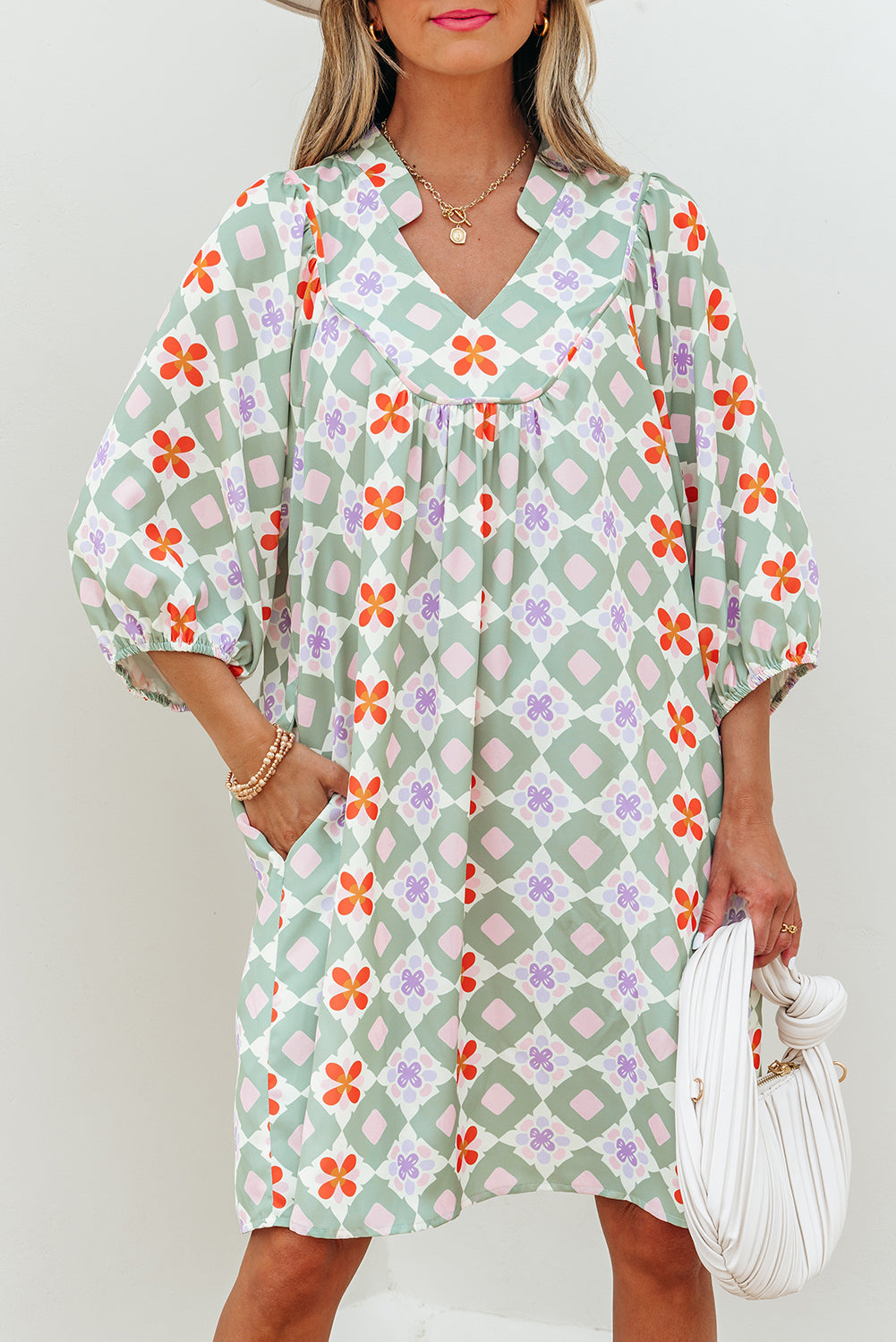 geometric floral print 3 4 sleeve notched neck mini dress