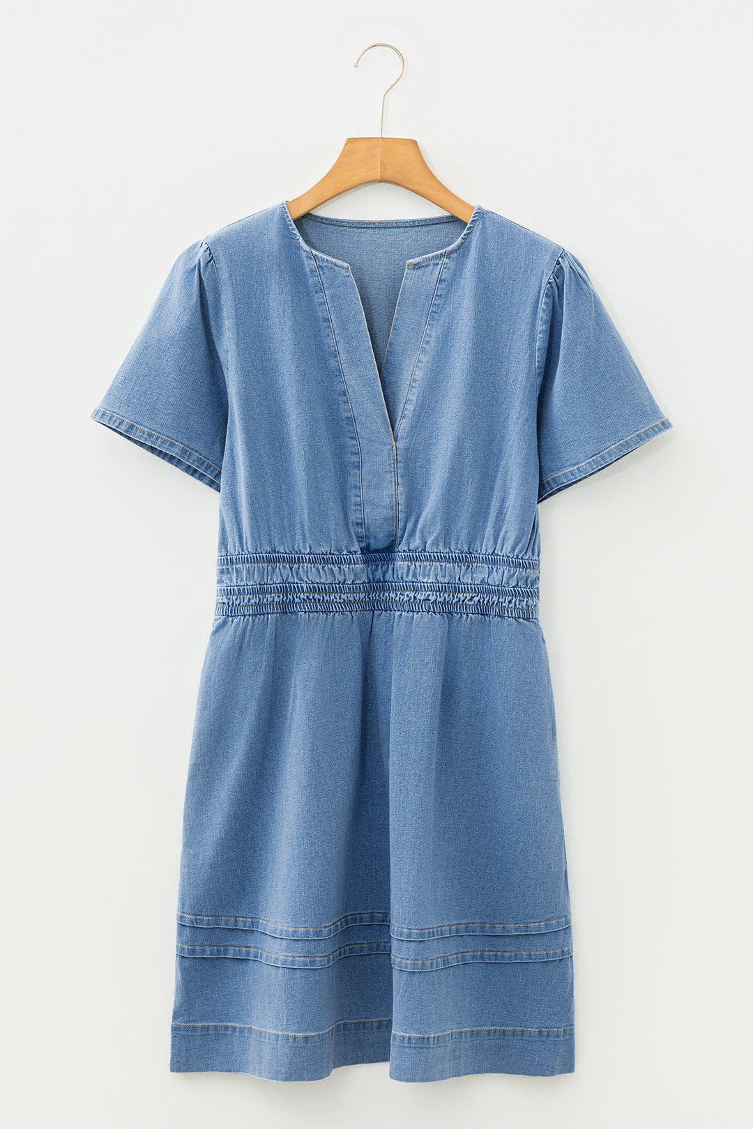 Elastic Waist Short Sleeve Denim Mini Dress