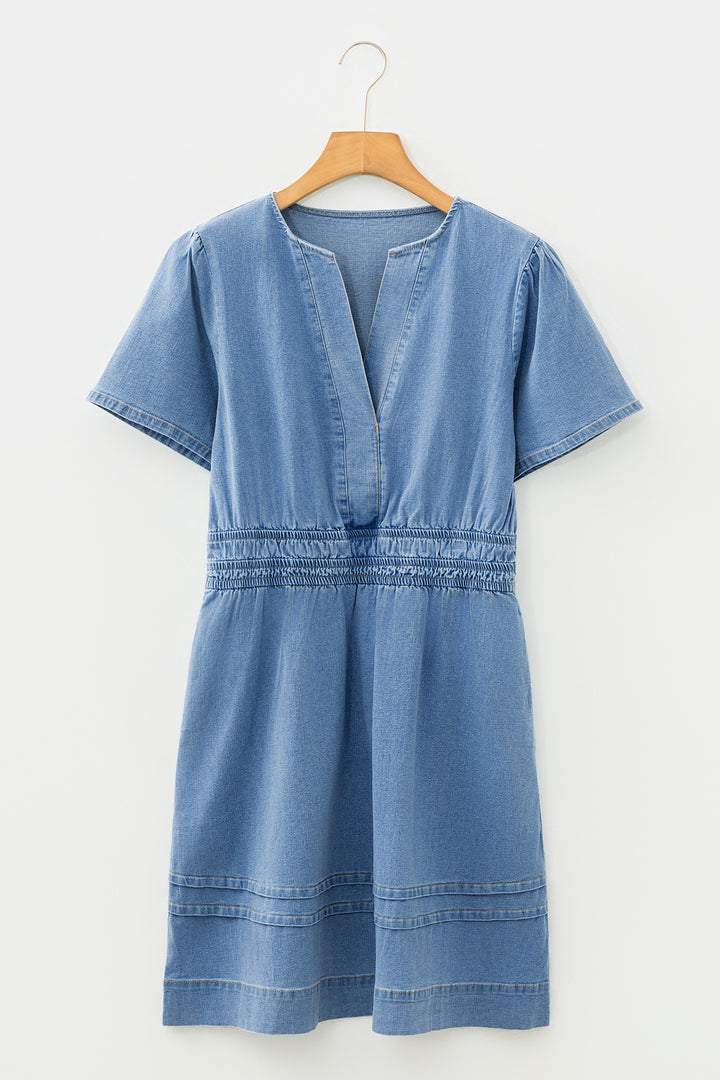 Elastic Waist Short Sleeve Denim Mini Dress