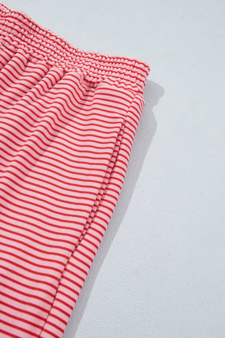 Pink Stripe Contrast Trim Round Neck Oversize Long Sleeve Top 2pcs Pant Set