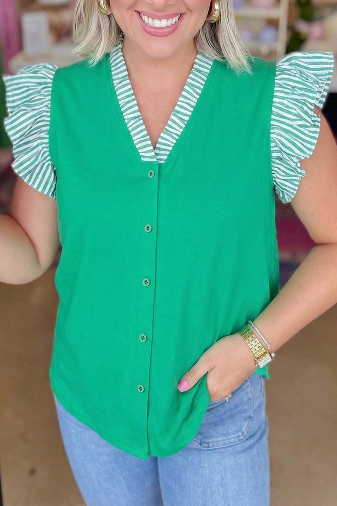 Dark Green Plus Size Button Front Ruffled Stripe Trim V Neck Flutter Sleeve Blouse