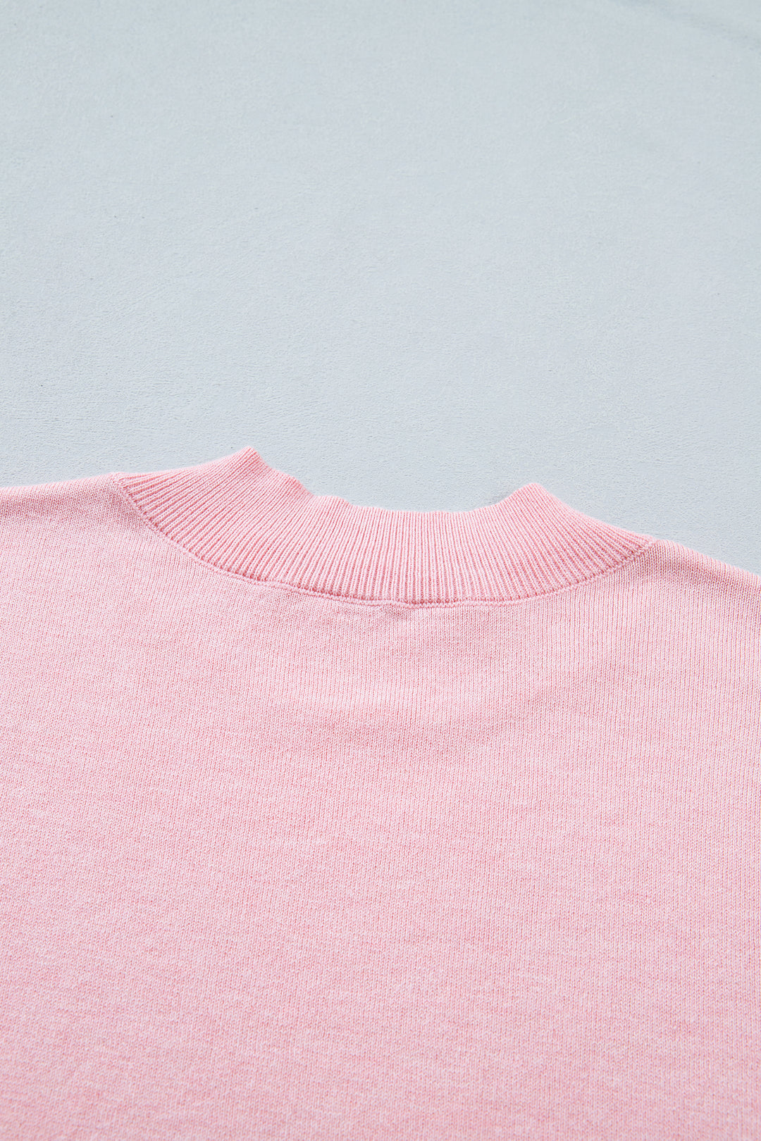 Pink Stand Neck Contrast Wavy Trim Short Sleeve Sweater