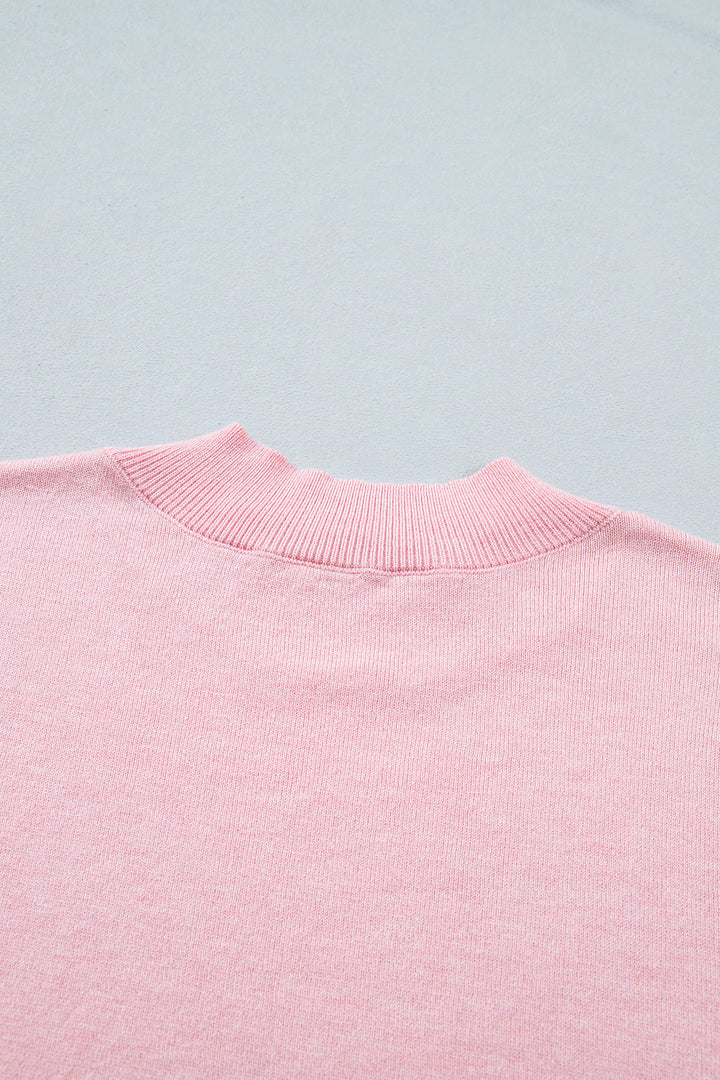 Pink Stand Neck Contrast Wavy Trim Short Sleeve Sweater