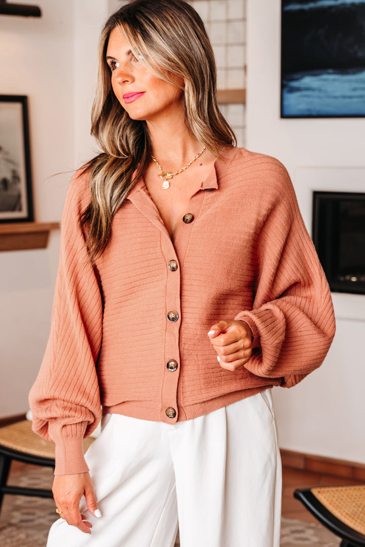 Wide Rib Knit Button Front Dolman Sleeve Sweater Cardigan
