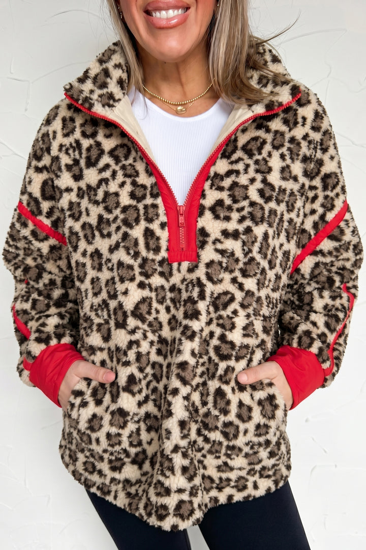 Brown Leopard Print Zip-Up Red Accents Pockets Sweatshirt