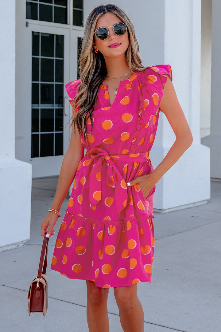 Rose Double Polka Dot V Neck Ruffled Short Sleeve Short Dress