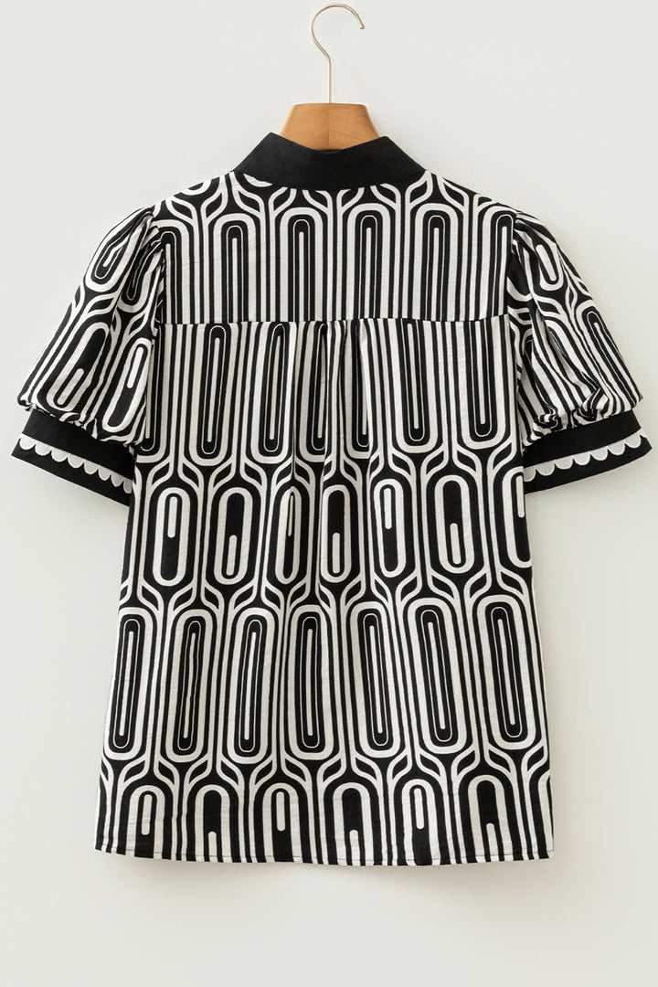 Geometric Print Contrast Scallop Color Block Patchwork Short Sleeve Blouse