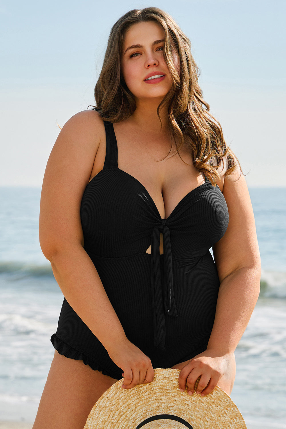 Plus Size Textured Knotted Ruffled Trim One Piece Swimwear