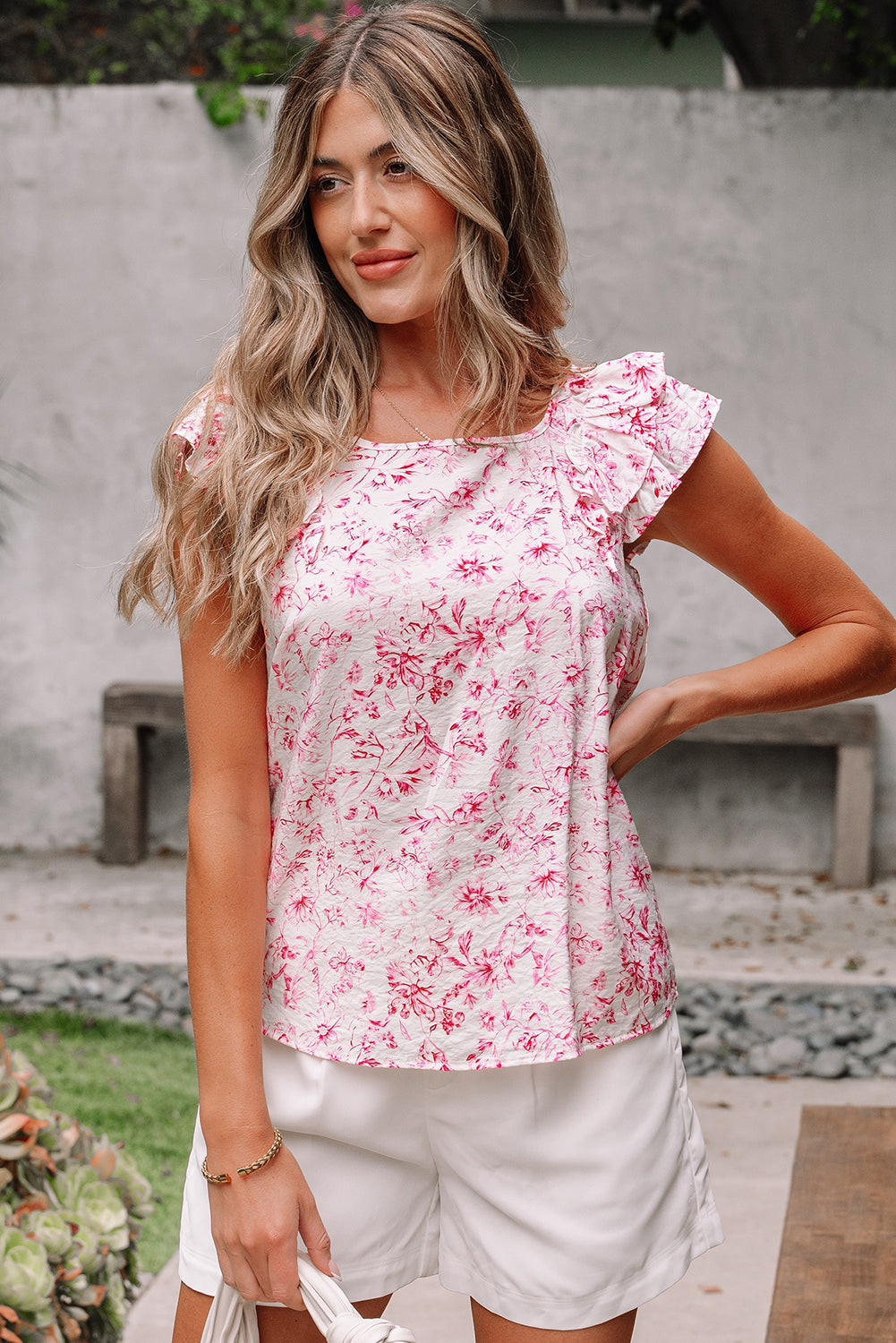 Bluse mit Blumenmuster, Rüschen, kurzen Ärmeln, Schleife hinten und quadratischem Ausschnitt