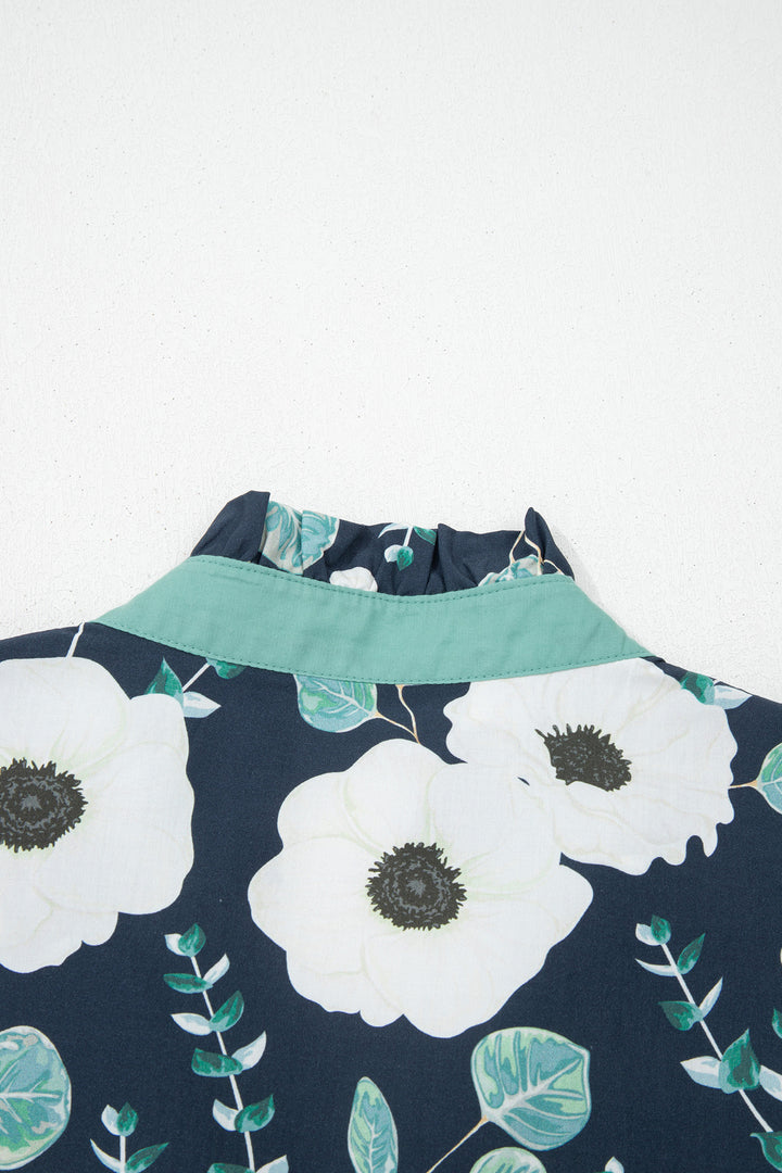 Blue Floral Print Striped Patchwork V Neck Short Sleeve Blouse