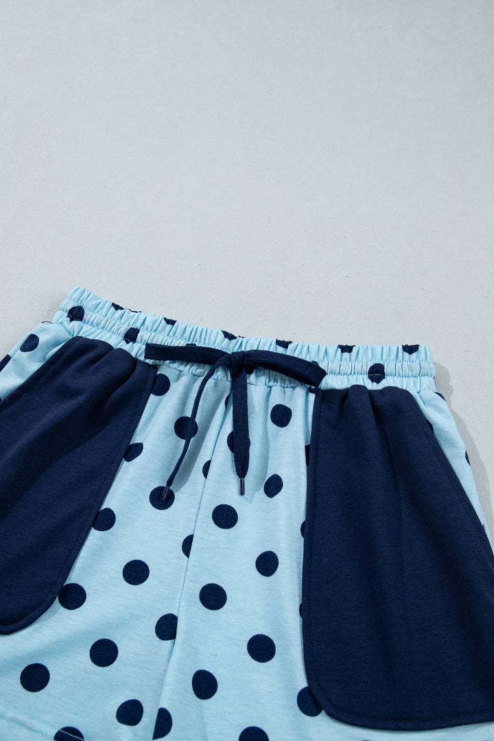 Sky Blue Polka Dot Drop Shoulder Polo Loose Pullover Patch Pocket Casual Shorts Set