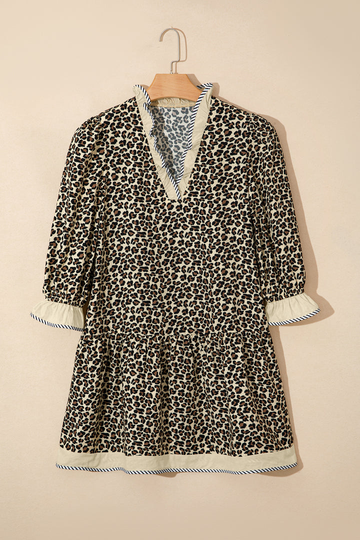Black Leopard Print V Neck Bracelet Sleeve Mini Dress