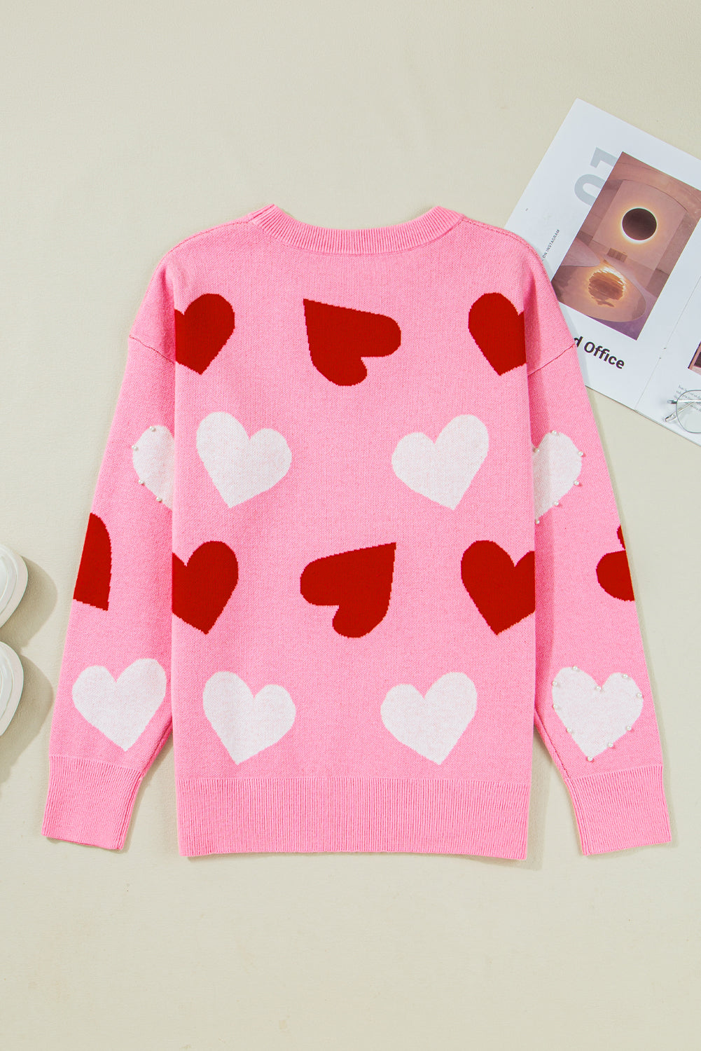 Pearl Embellished Heart Pattern Valentines Day Sweater