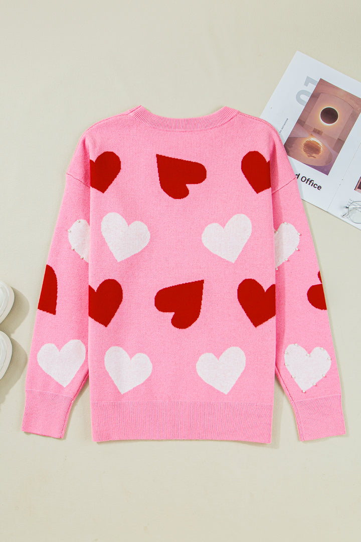 Pearl Embellished Heart Pattern Valentines Day Sweater