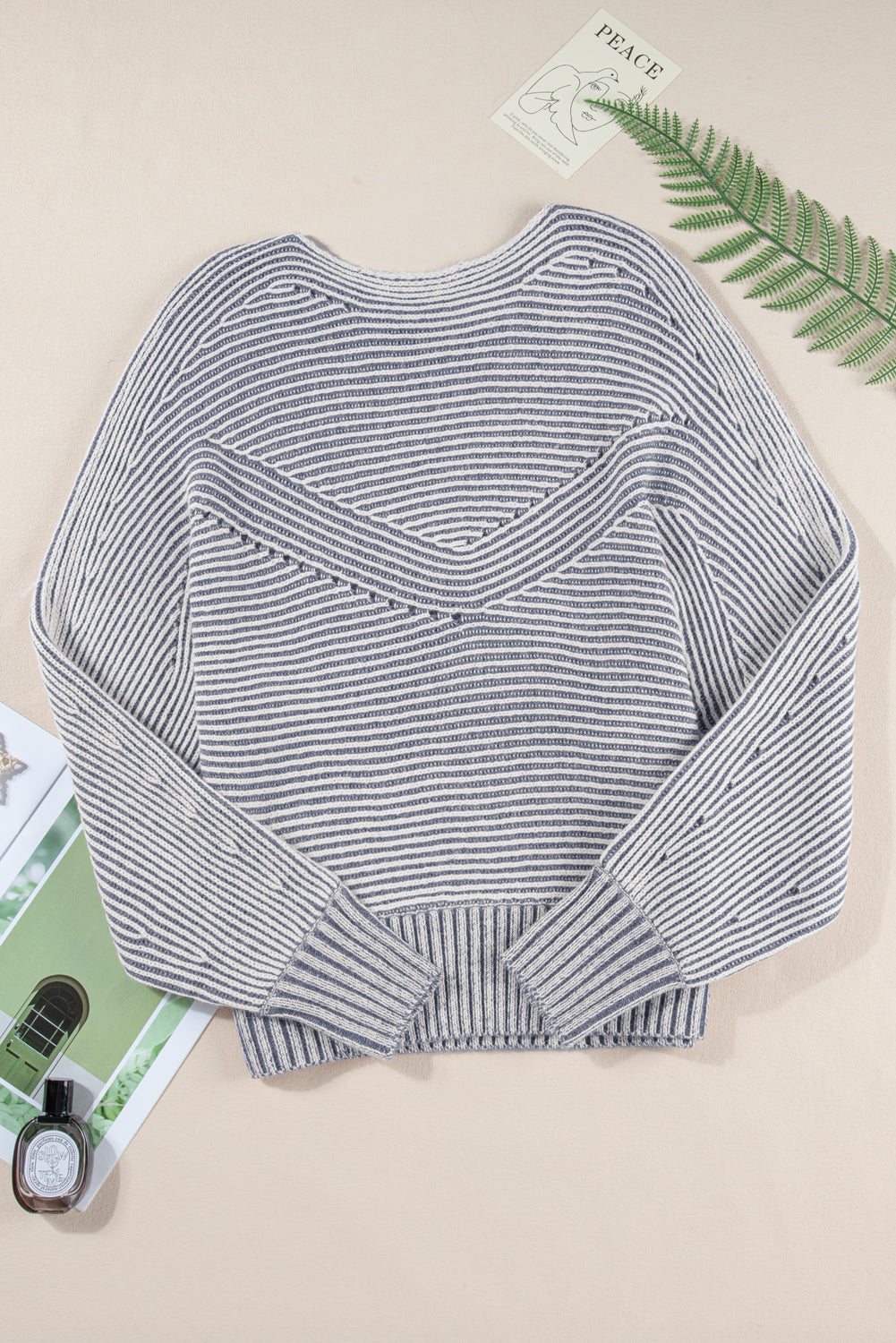 Striped Print Ribbed Knit Boat Neck Baggy Sweater