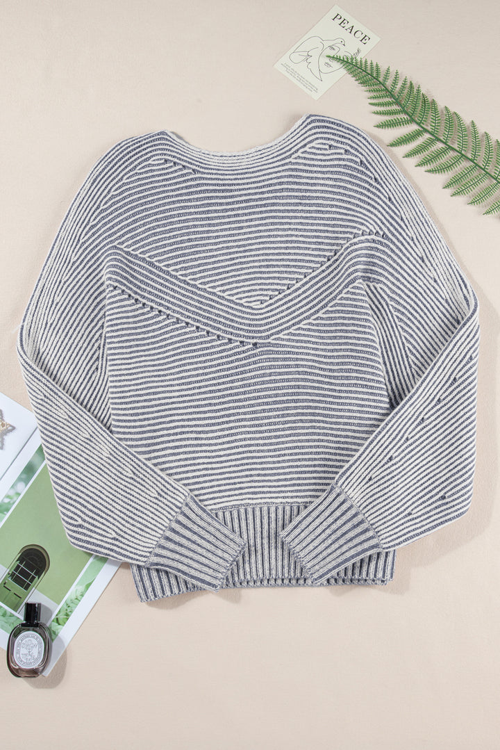 Striped Print Ribbed Knit Boat Neck Baggy Sweater
