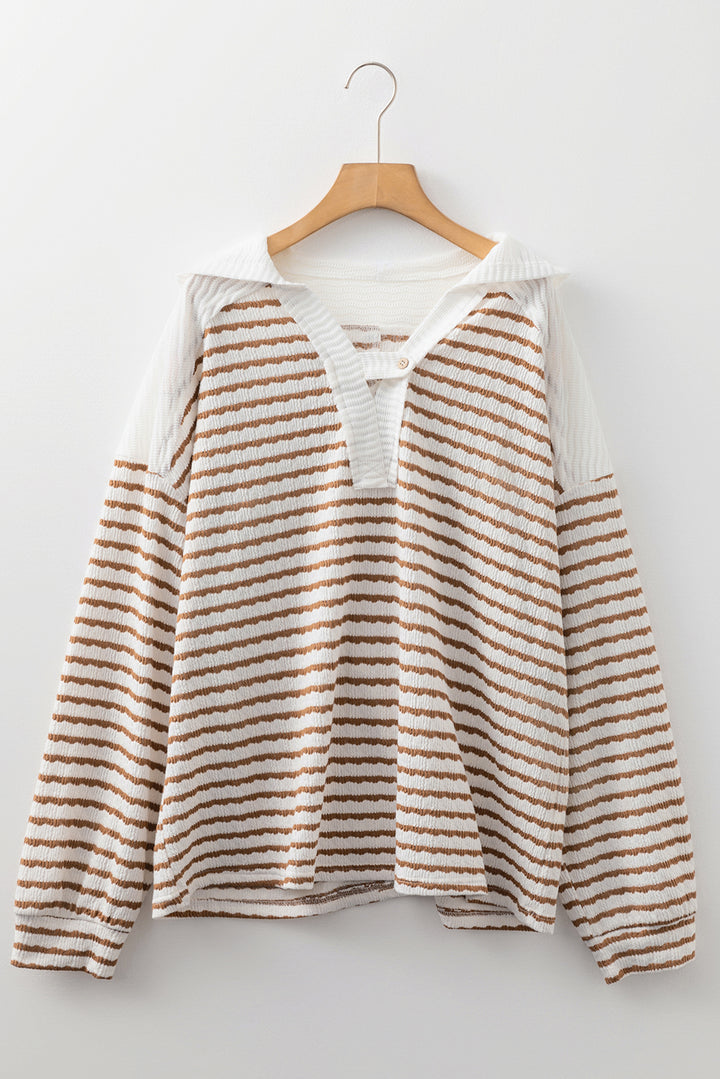 Khaki Stripe Buttoned V Neck Textured Hooded Plus Size Top