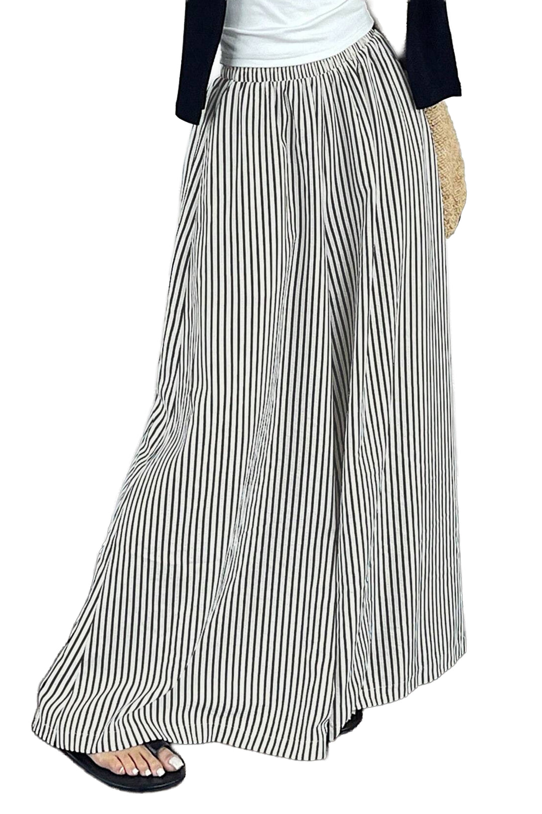 Black Stripe Elastic Waist Ultra Wide Leg Pants