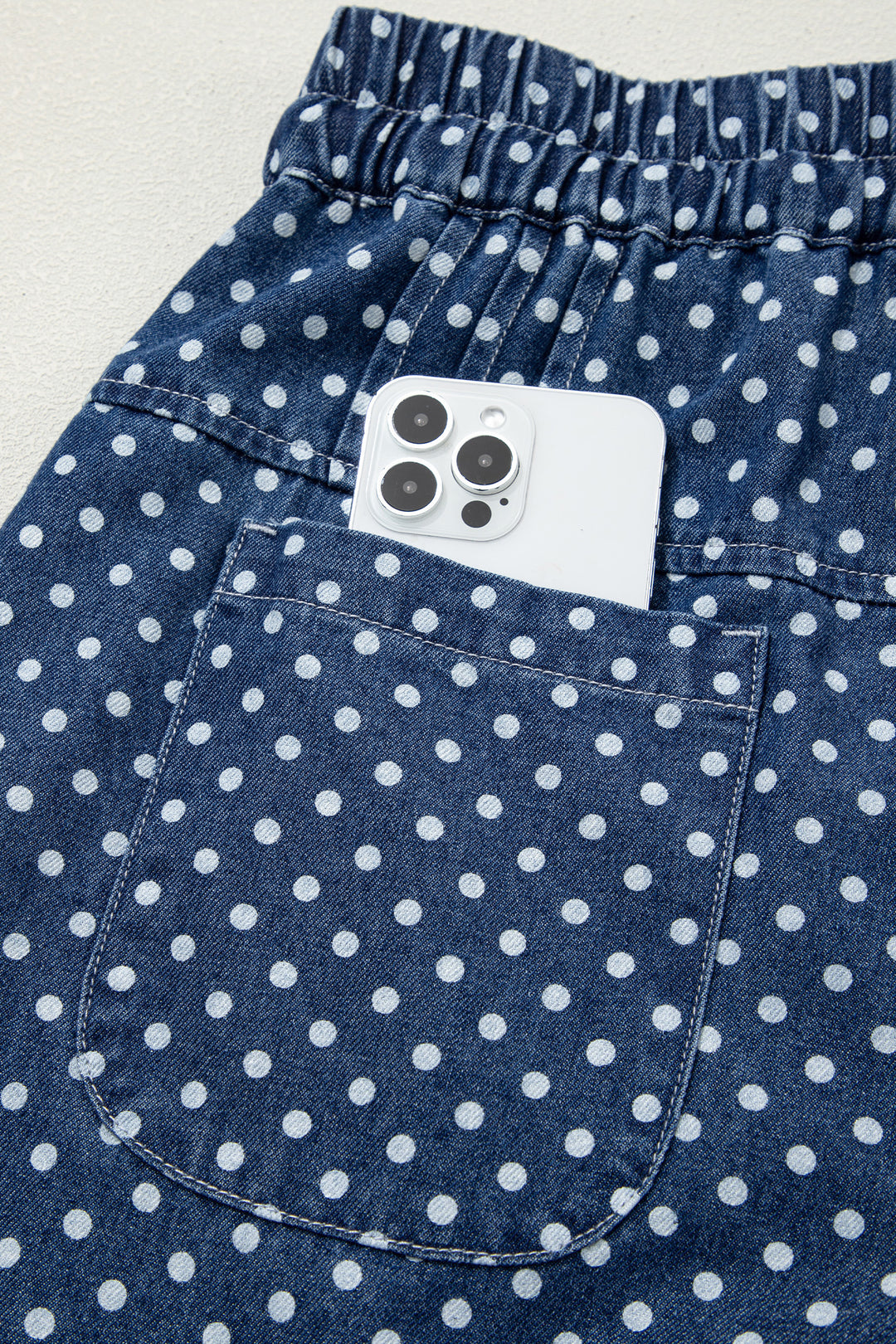 Sky Blue Polka Dot Print Button Pleated Detail Wide Leg Jeans