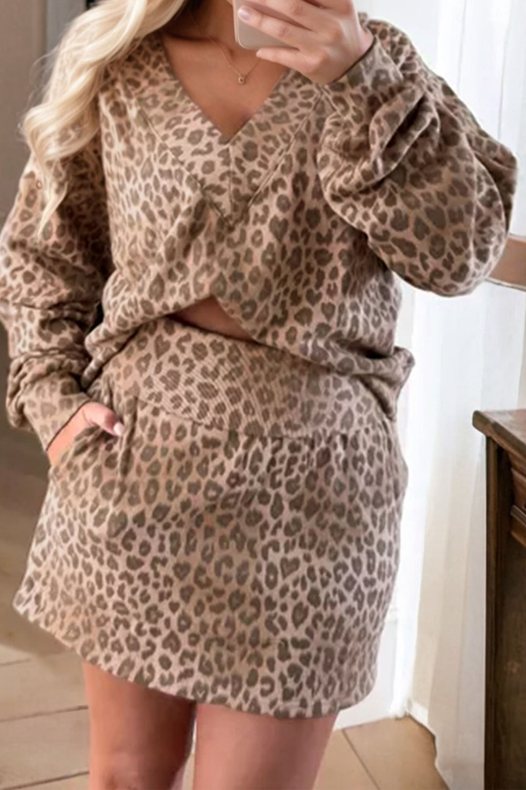 Light French Beige Leopard Print V Neck Pullover Mini Skirt 2pcs Set