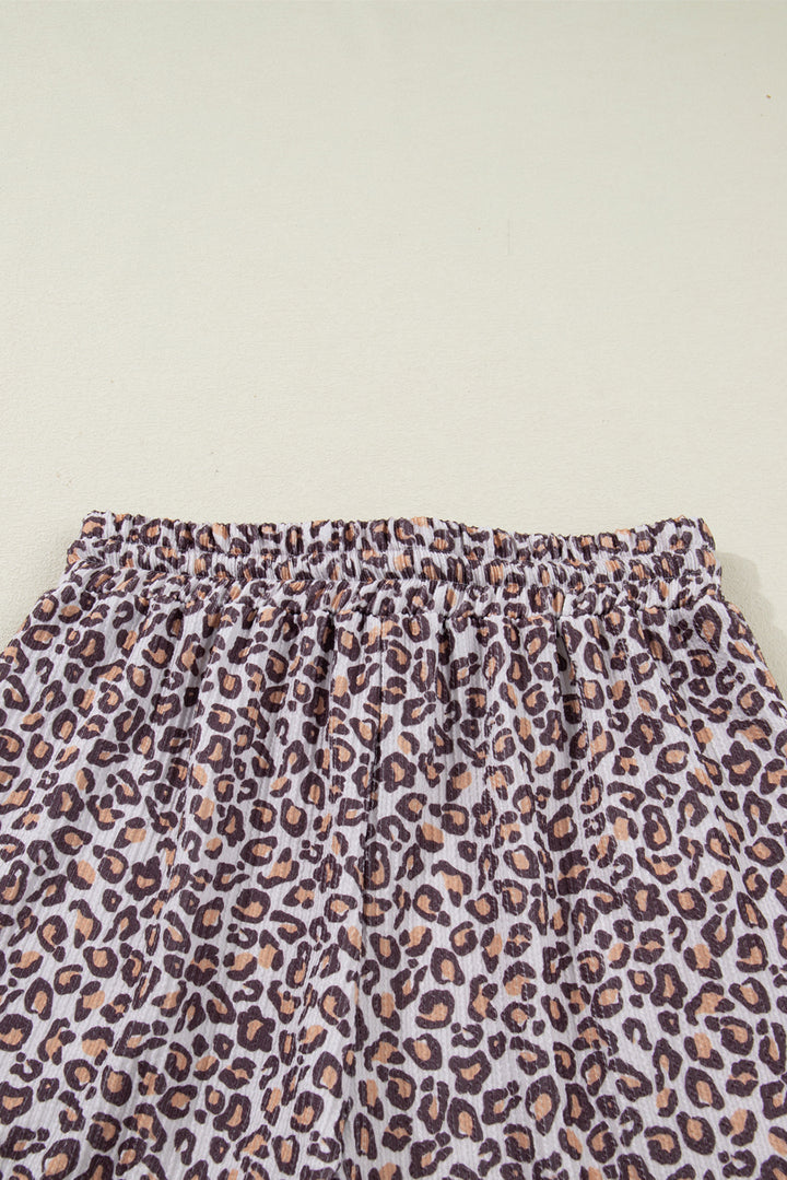 Khaki Leopard Ribbed Long Sleeve Top Drawstring Shorts 2pcs Outfit