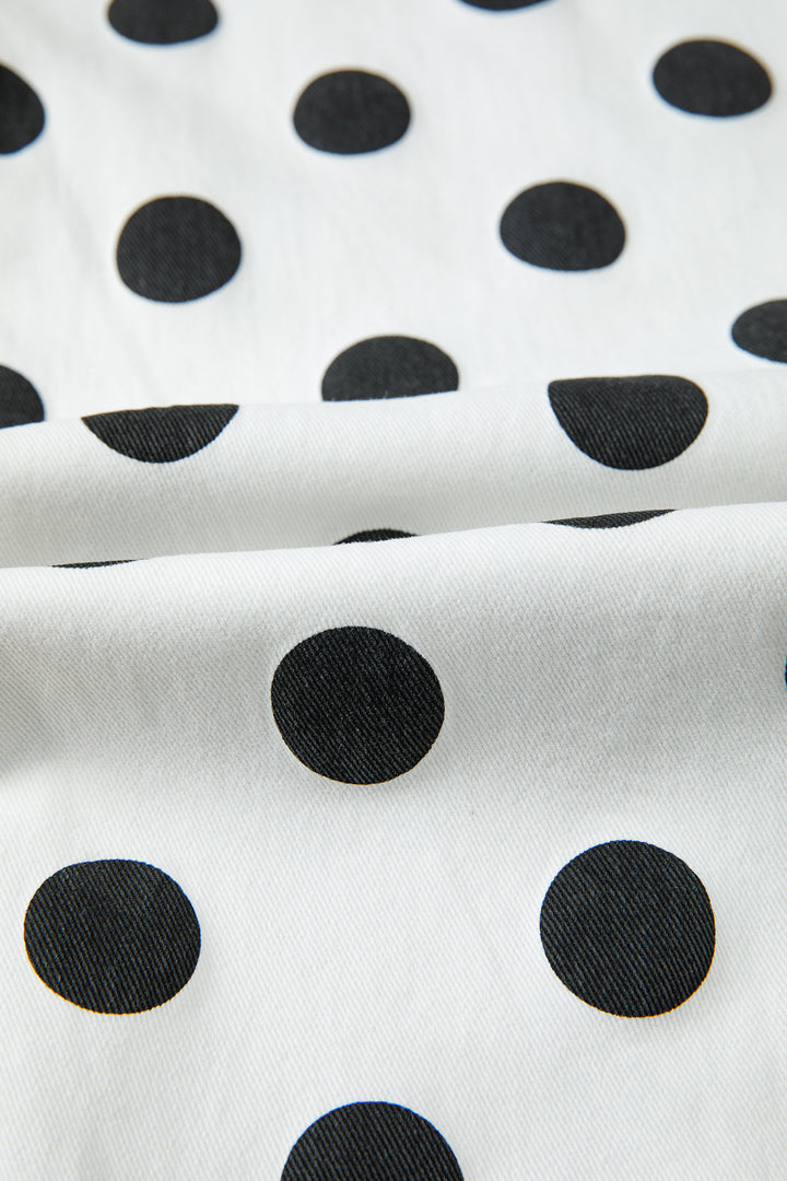 White Polka Dot Print Bow Detail Pocketed Barrel Jeans