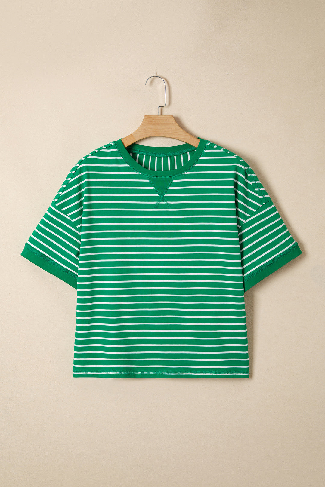 Green Stripe Ribbed Patchwork Seam Detail Half Sleeve Tee
