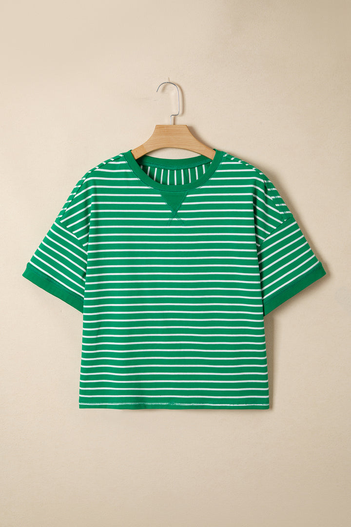 Green Stripe Ribbed Patchwork Seam Detail Half Sleeve Tee