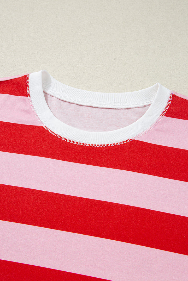 Patchwork Round Neck Side Split Loose T Shirt