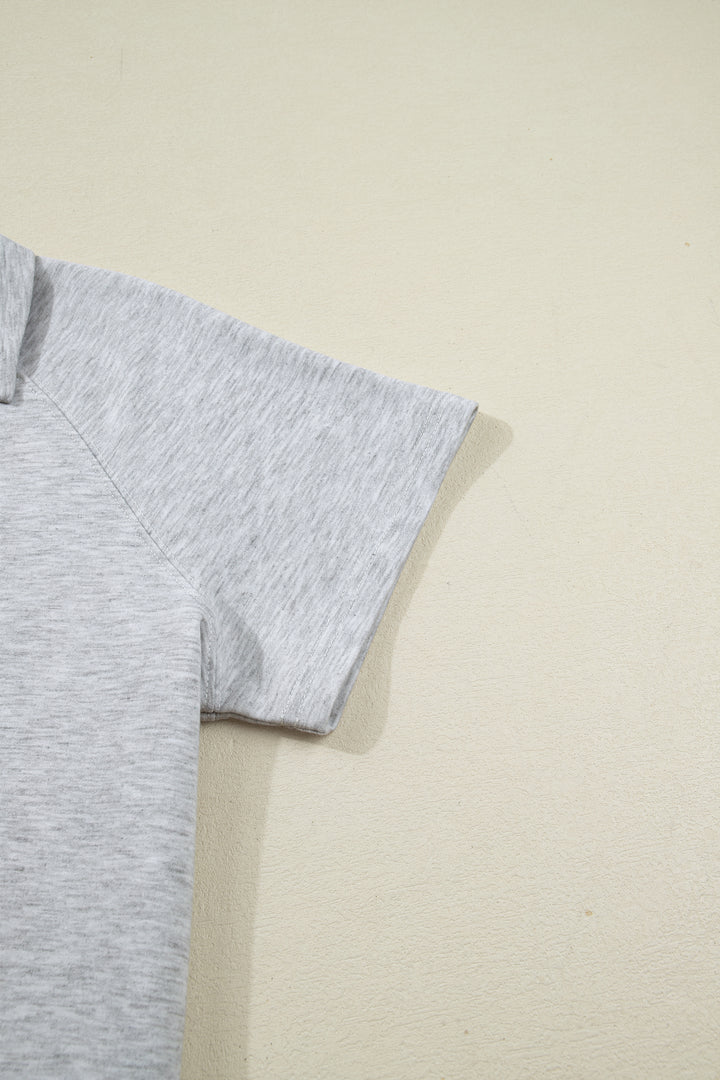 Light Grey Collared V Neck Tee Drawstring Elastic Waist Shorts 2pcs Outfit