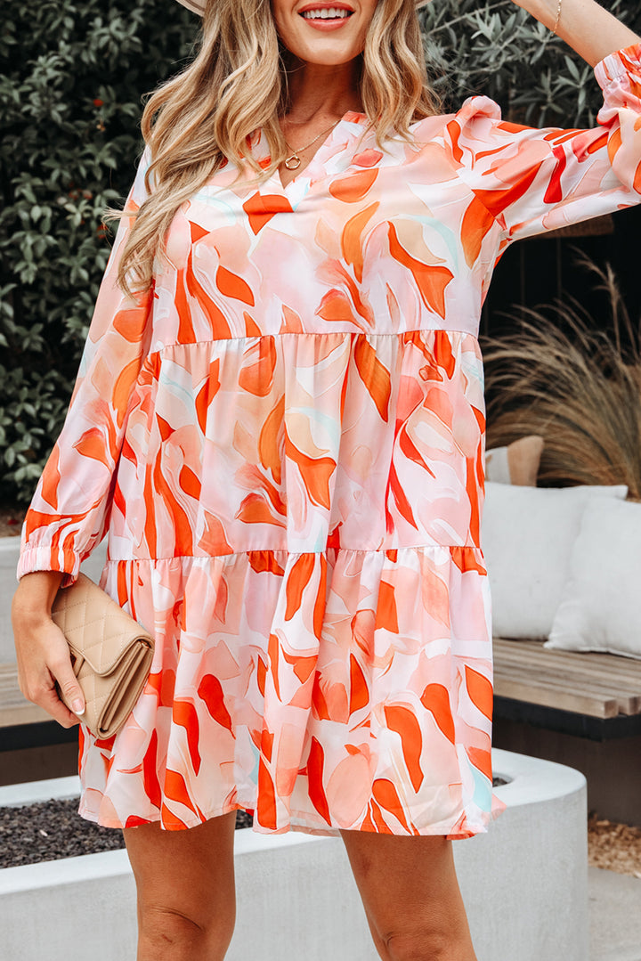 Abstract Print Split Neck Long Sleeve Dress