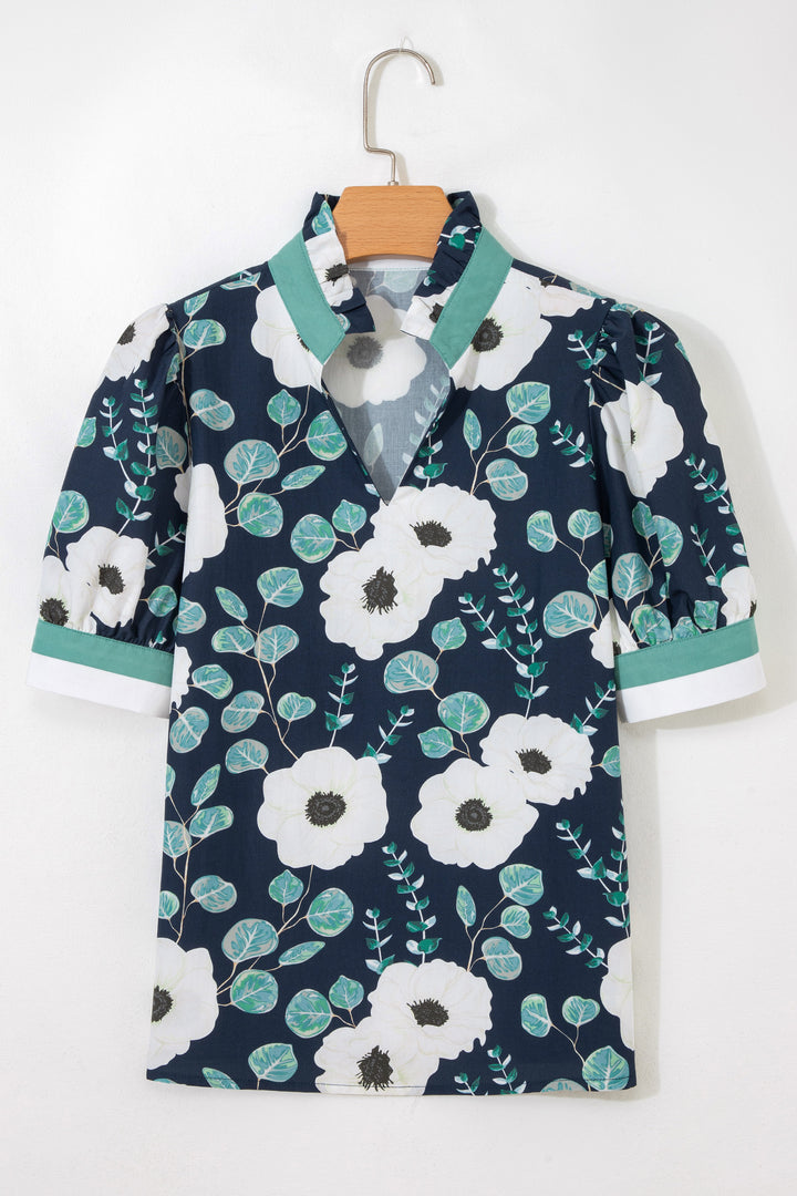 Blue Floral Print Striped Patchwork V Neck Short Sleeve Blouse