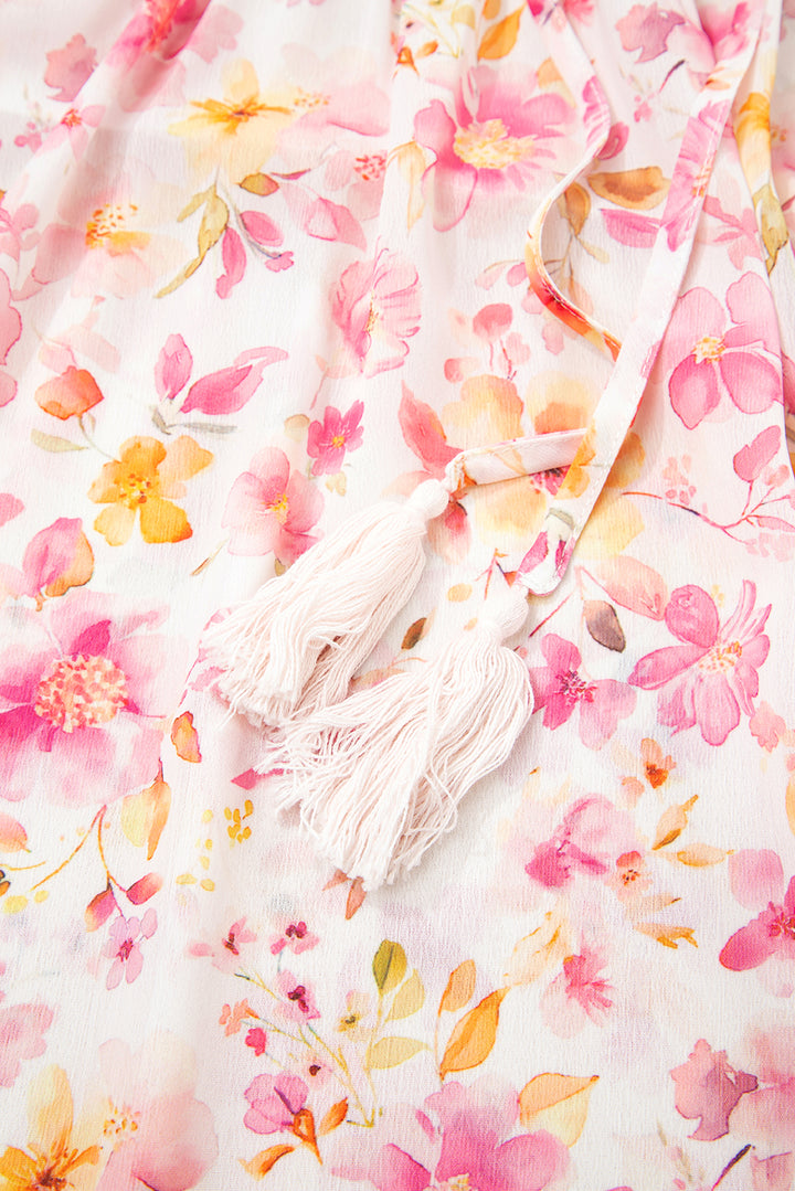Floral Print Tassel Tie Smocked V Neck Puff Sleeve Tunic Blouse
